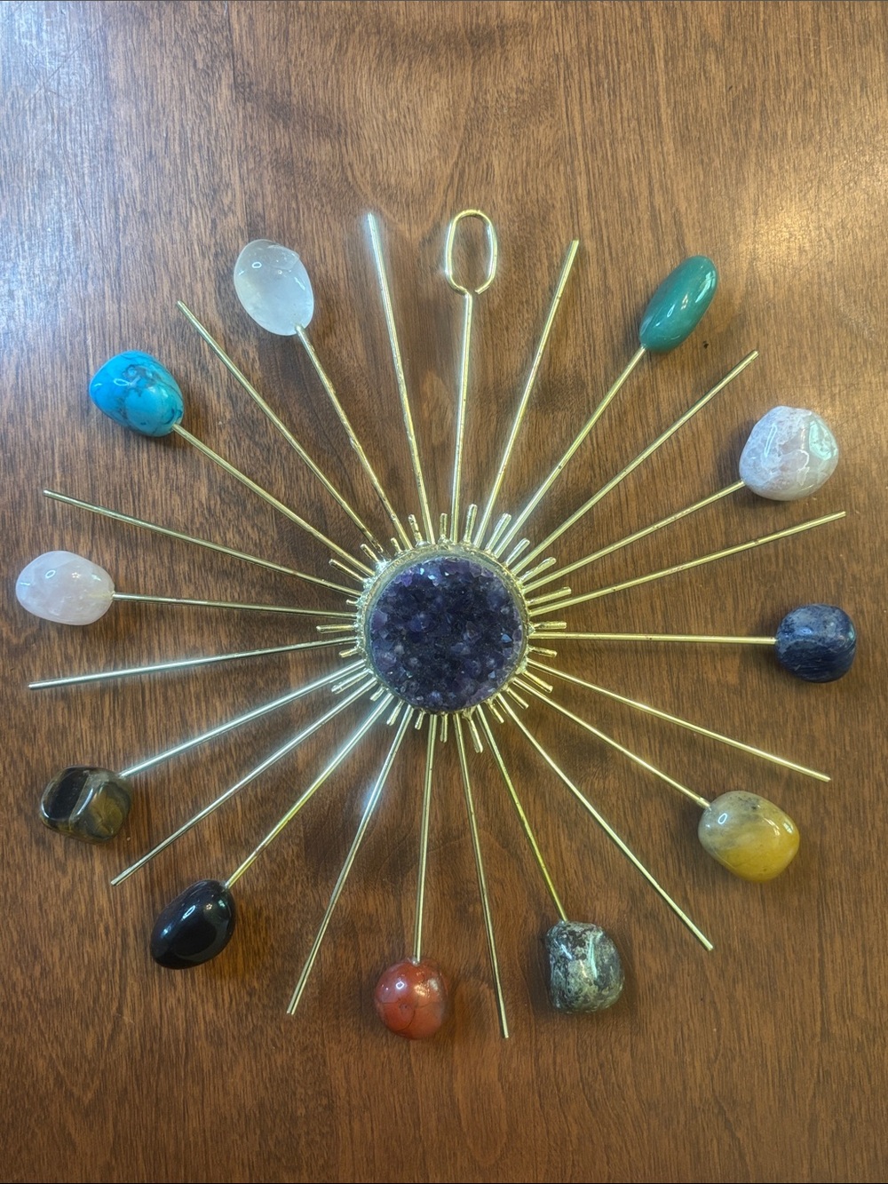 Source Unknown Gold Sunburst with Amethyst Center and Multicolor Gemstones